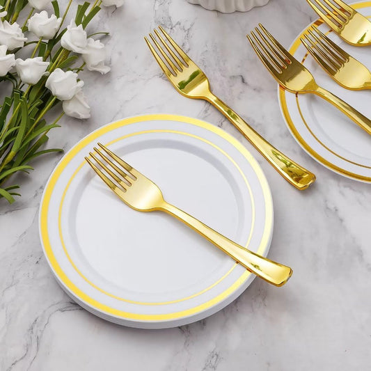 Goodluck 120PCS 7" Gold Dessert Plastic Plates with 7.4" Forks, Gold Appetizer Plates for 60 Guests, Including 60 Disposable Cake Plastic Plates and 60 Forks for Wedding/Birthday Party