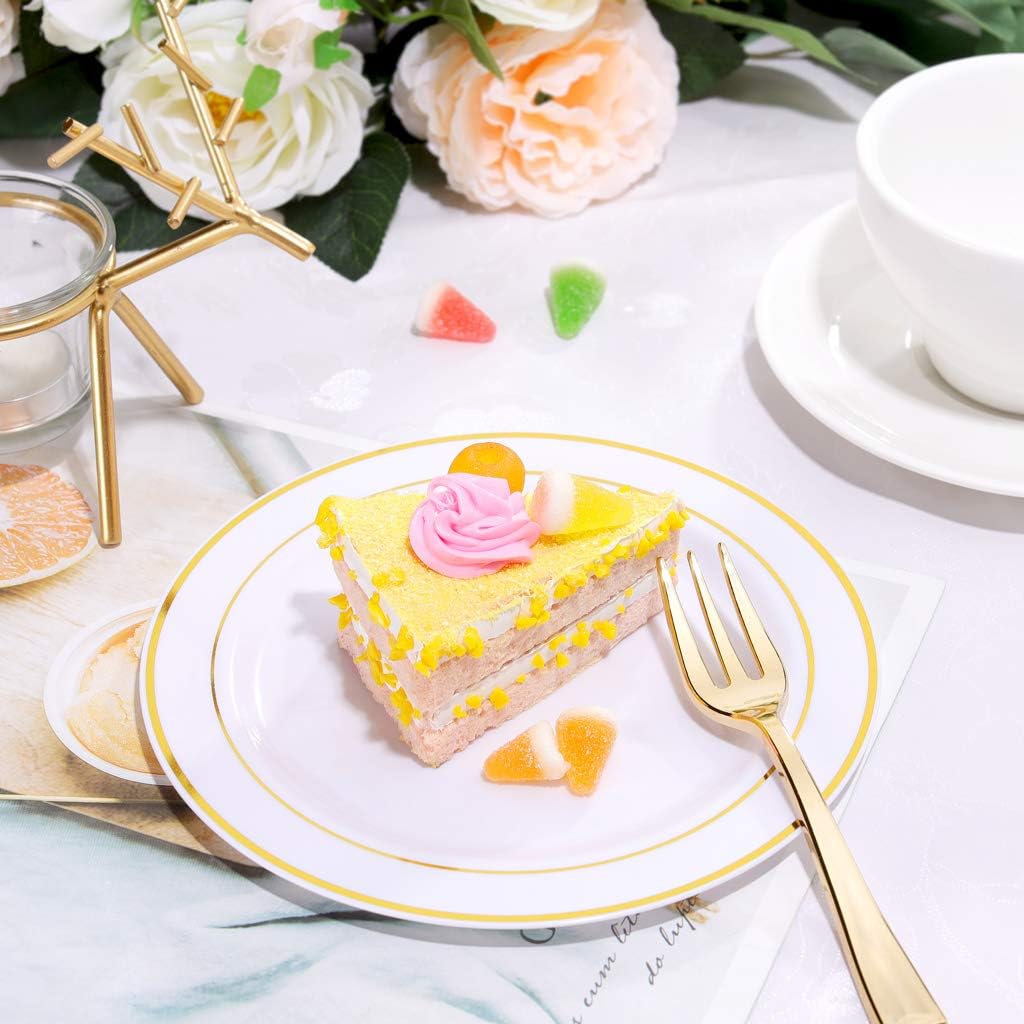 bUCLA 100Pieces Gold Plastic Plates - 6.25inch White with Gold Rim Disposable Salad/Dessert/Appetizer/Small Cake Plates Premium Hard - Ideal for Wedding, Party & Thanksgiving