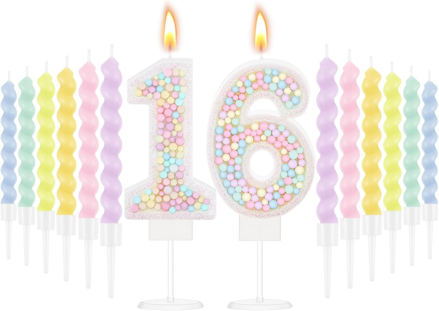 MTLEE Number 16 Birthday Candle with 12 Pcs Spiral Candles for Girls Macaron Pastel Rainbow Unicorn Pink Cake Topper for Sweet Theme Party Decoration