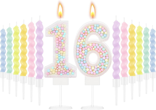 MTLEE Number 16 Birthday Candle with 12 Pcs Spiral Candles for Girls Macaron Pastel Rainbow Unicorn Pink Cake Topper for Sweet Theme Party Decoration