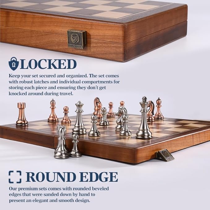 15 Inch Walnut Chess Board Set for Adults Kids Metal Chess, Folding Portable Travel Chess Game for Tournament Professional Beginner with Manual