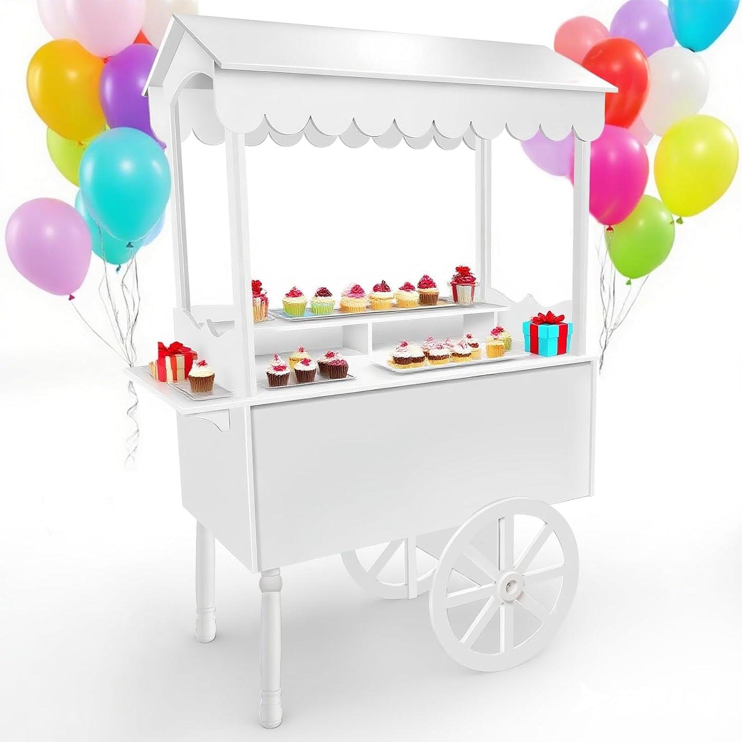 Candy Cart Display Stand for Party, Dessert Cake Cart Stand with Wheels, Vintage Dessert Display Stand Decoration Cart with 100 Balloons, String Light for Parties, Birthdays & Weddings (WHITE)