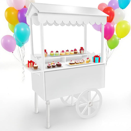 Candy Cart Display Stand for Party, Dessert Cake Cart Stand with Wheels, Vintage Dessert Display Stand Decoration Cart with 100 Balloons, String Light for Parties, Birthdays & Weddings (WHITE)