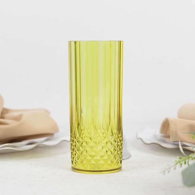 Efavormart 6 Pack Green Crystal Cut Reusable Plastic Highball Drink Glasses, Shatterproof Tall Cocktail Tumbler Cups - 14oz