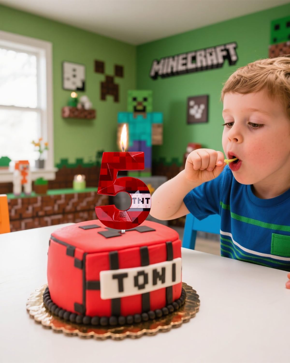 Pixel Birthday Candle, 2.68 Inch Miner Number Candles, Game Themed Candle Birthday Decoration for Pixel Theme Birthday Anniversary Dynamite Video Game Party (Red, 5)