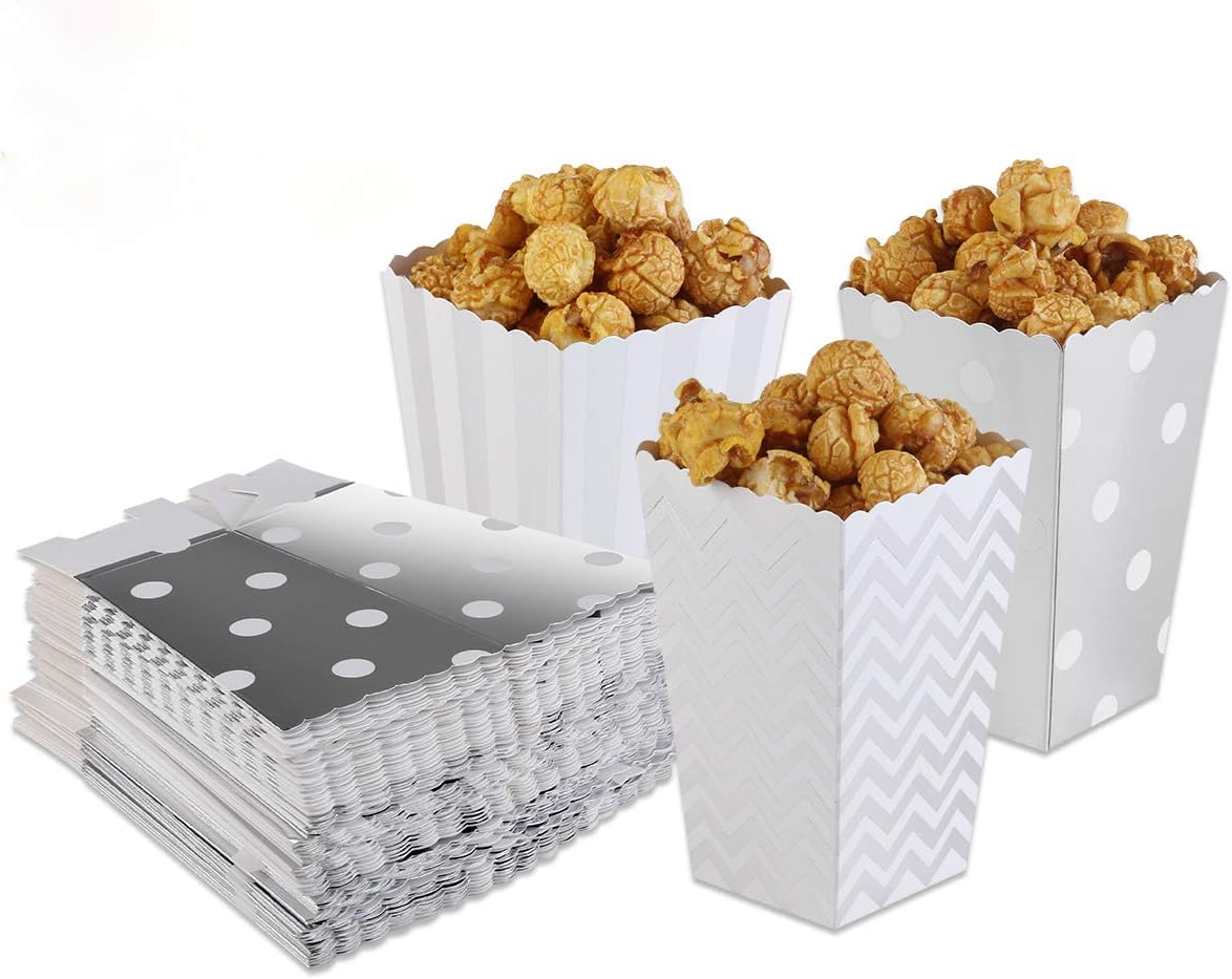 Tvoip 36Pcs Gold/Silver/Rose Gold Foil Popcorn Treat Box Christmas Wedding Decoration Party Favor Supply Candy Gift Popcorn Bags (Silver)