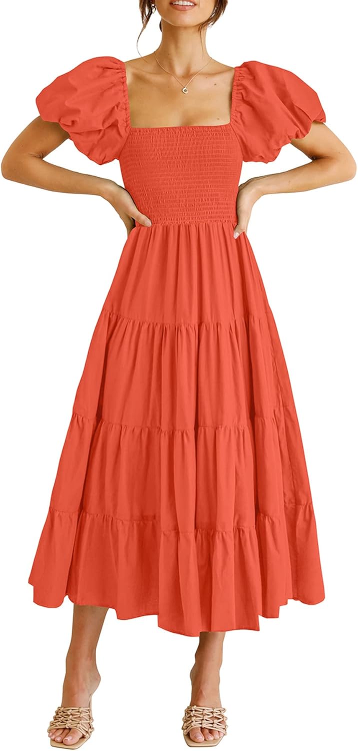 PRETTYGARDEN Women's Casual Summer Midi Dress Puffy Short Sleeve Square Neck Smocked Tiered Ruffle Dresses