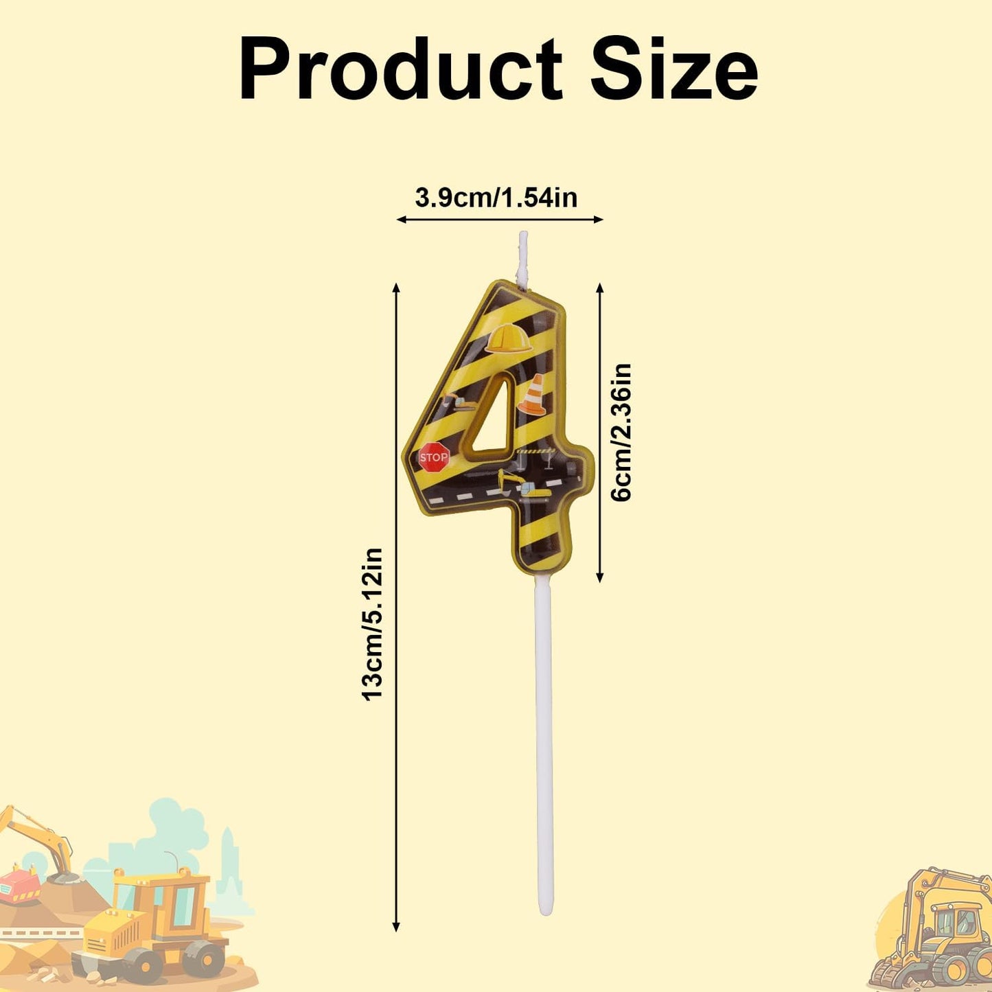Construction Birthday Number Candles, Yellow & Black Striped Cake Topper Building Theme Party Decorations for Graduation Anniversary Celebration (Number 4)