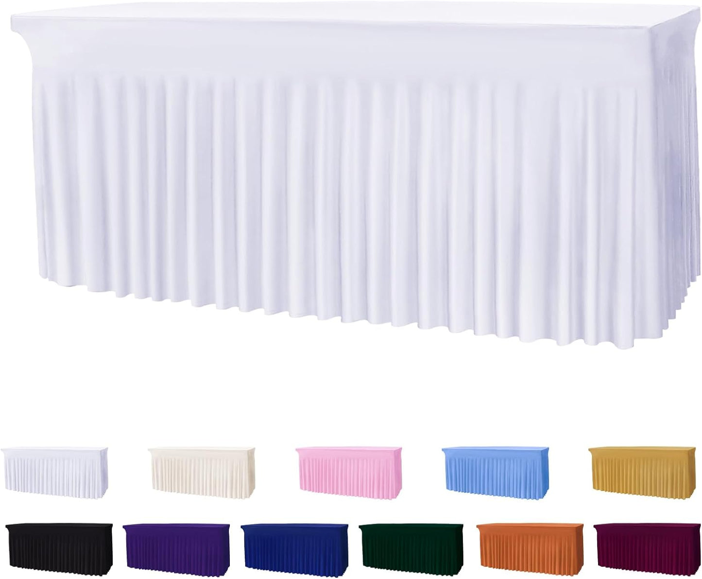 Table Skirts for 6ft Rectangle Tables - 2PCS White Table Covers for 6 Foot Tables, Wrinkle Resistant Ruffles Elastic Table Cloths and Table Skirt for Banquets/Weddings/Parties/Birthday