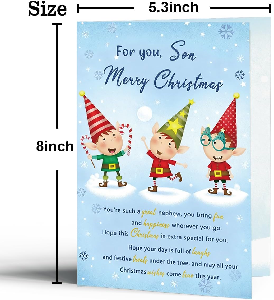 Christmas Card Gift for Son, Son Christmas Card from Mom Dad, Cute Festive Elf Design for Kids or Boys