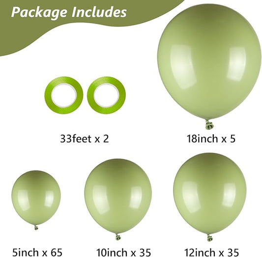 Sage Green Balloons, 140pcs 18 12 10 5 Inch Different Sizes Pack Party Latex Balloons for Birthday Halloween Holiday Balloon Garland as Party Decorations