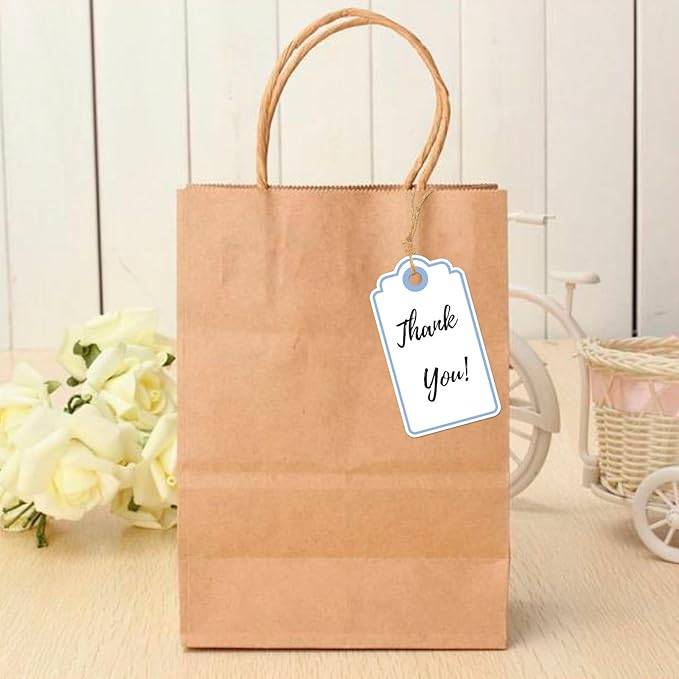 Anwyll Gift Tags with String - 100Pcs Blue Gift Bag Tags Personalized White Blank Hanging Paper Label Tag for Baby Shower Birthday Party Wedding Christmas Favor Present