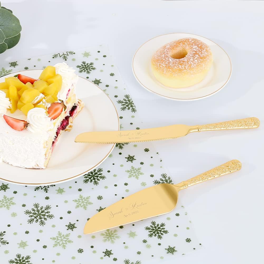 Wedding Cake Knife and Server Set, Personalized Gold Cake Cutting Set for Wedding, Engraved Classic Cake Knives Cutter Set, Pie Server, Birthday Bridal Quinceañera Gift (CUS-Flower)