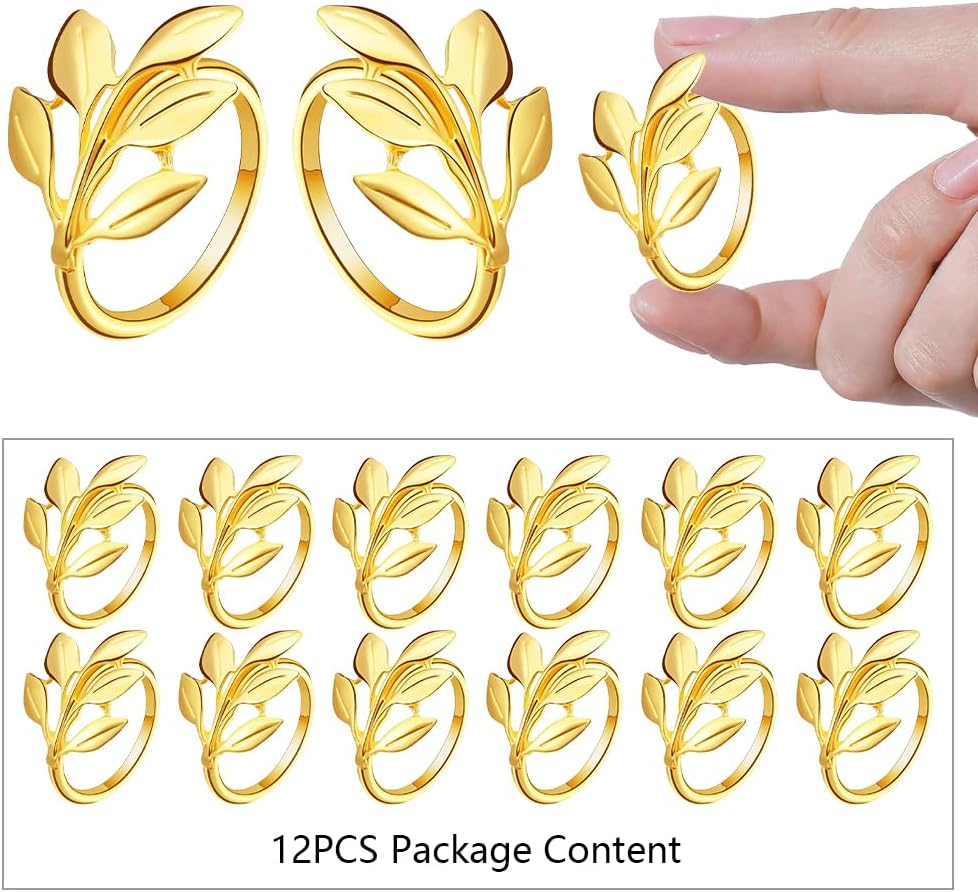 Napkin Rings Set of 12 - Gold Semicircle Metal Leaf Fall Thanksgiving Christmas Napkin Rings, Napkin Holder for Thanksgiving Dinner Table Decor Wedding Kitchen Banquet Holiday Everyday Party