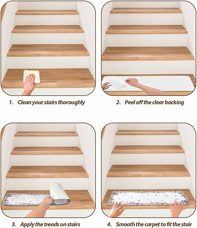 Spring Floral Stair Treads Non Slip for Wooden Steps Blue Pink Wildflowers Leaves Birds Butterflies Stair Runner Carpet Reusable Adhesive Staircase Rugs for Dogs, Elders and Pets, 8x30 Inch, 10PCS