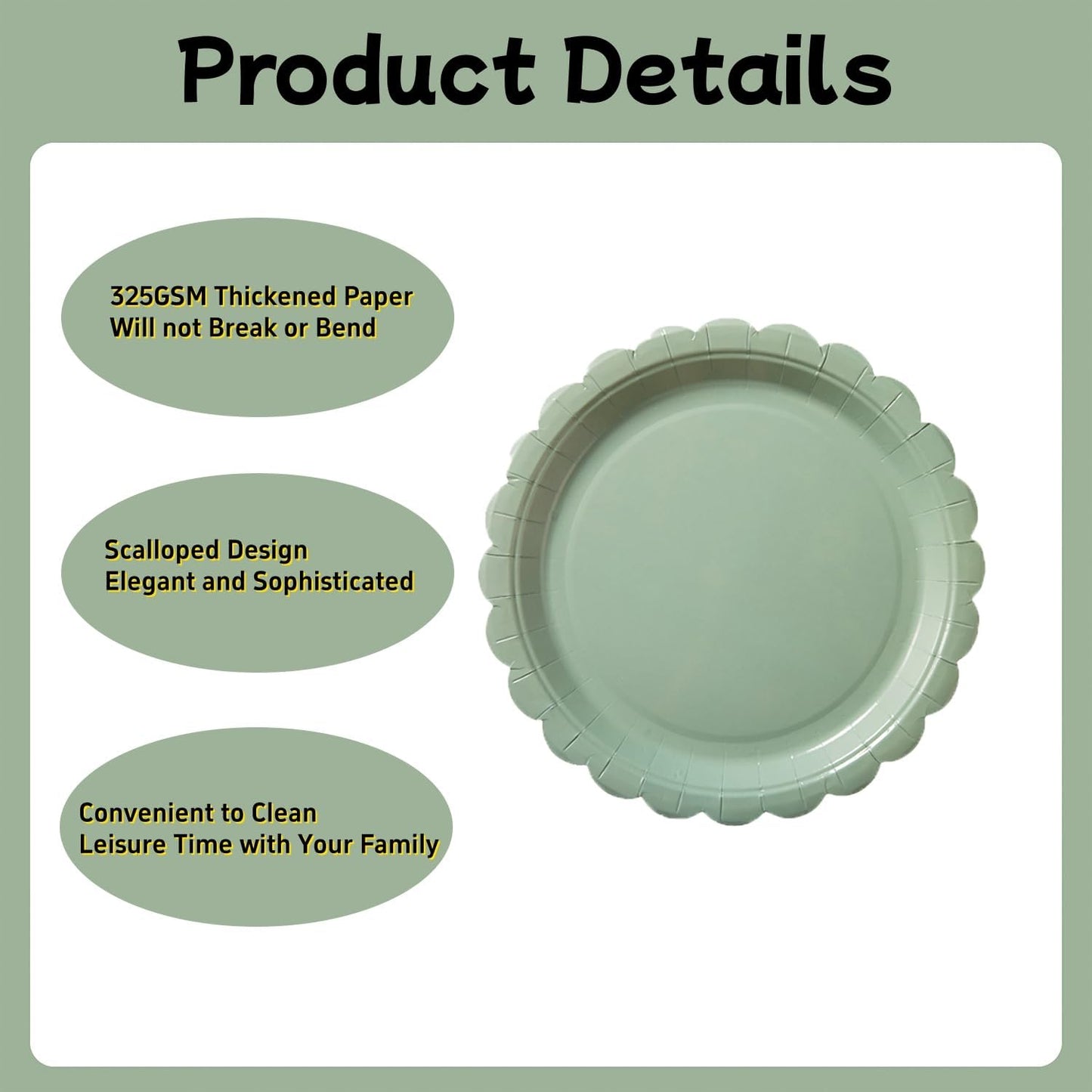 BEFORYOU 50PCS Scalloped Disposable Paper Plates Dessert Cake Party Plates for Baby Shower, Wedding,Bridal Shower Birthday Party Supplies (Sage-Green, 7IN)