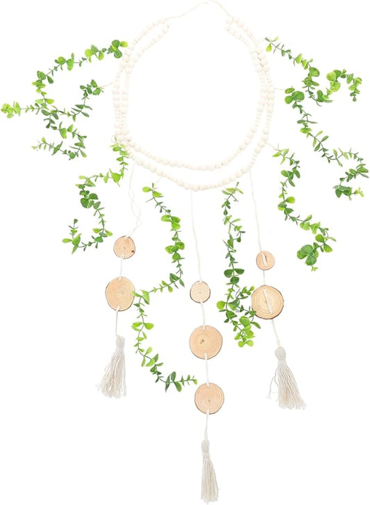 Hanging Photo Display Wooden Beads and Eucalyptus Leaves Stylish Wall Decor for Bedroom and Living Room Easy to Install Picture Holder Garland for Home Decoration