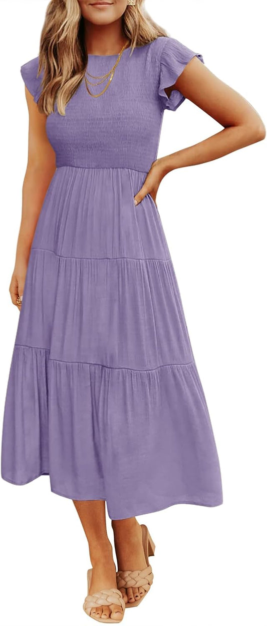 ZESICA Women's 2025 Summer Casual Flutter Short Sleeve Crew Neck Smocked Elastic Waist Tiered Midi Dress