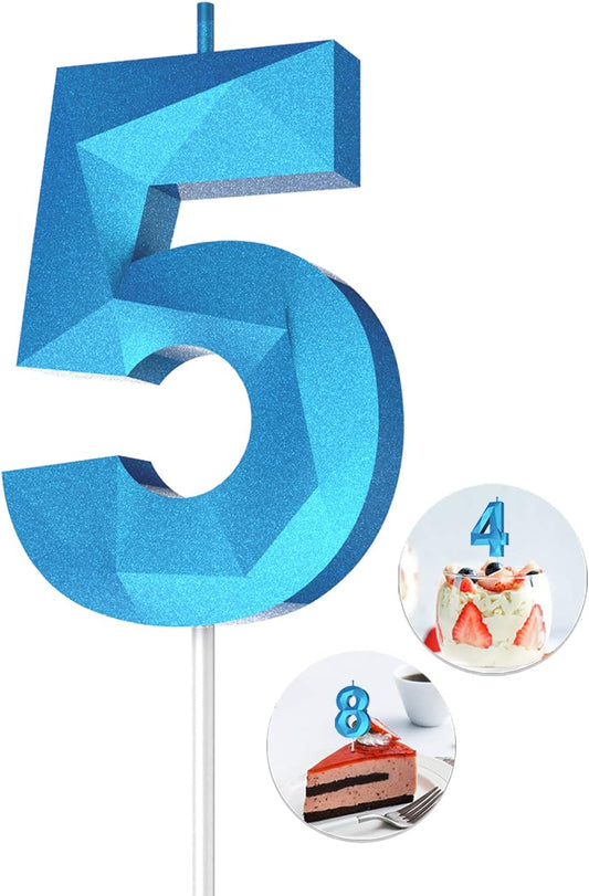 Number Birthday Candles(5 Candle Blue) 3D Diamond Shape Number Happy Birthday Cake Candles for Birthday Party Wedding Decoration Reunions Theme Party