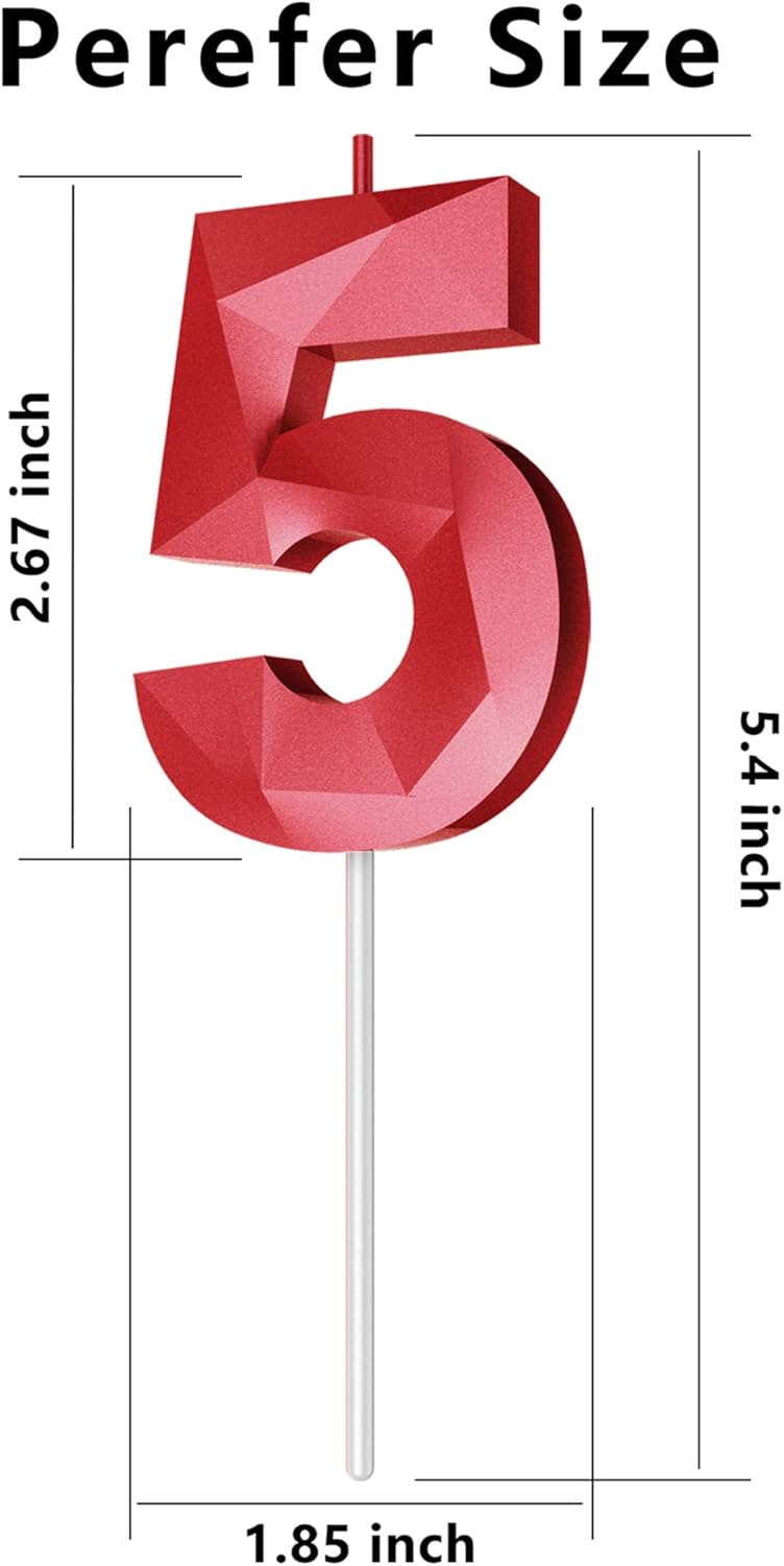 Number Birthday Candles(5 Candle Red) 3D Diamond Shape Number Happy Birthday Cake Candles for Birthday Party Wedding Decoration Reunions Theme Party