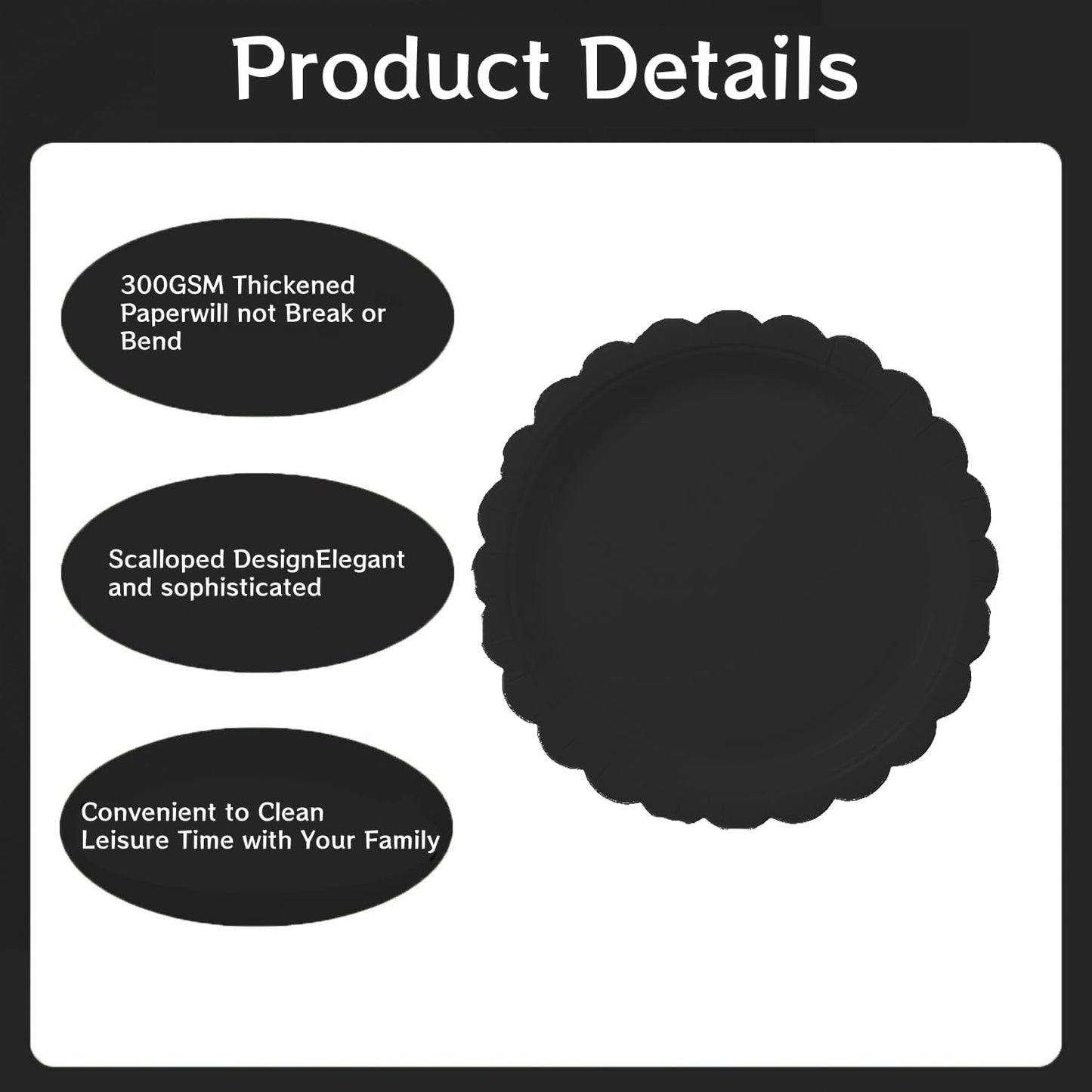 BEFORYOU 50PCS Scalloped Disposable Paper Plates Dessert Cake Party Plates for Baby Shower, Wedding,Bridal Shower Birthday Party Supplies (Black, 7IN)
