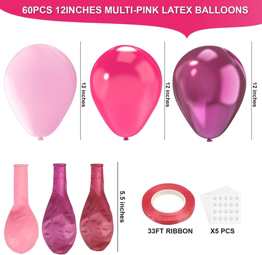Multi-Pink Balloons Set,60pcs 12 inch multi-Pink Balloons Kit for Birthday,Baby Shower,Wedding,Valentine's Day,Graduation Party Decorations