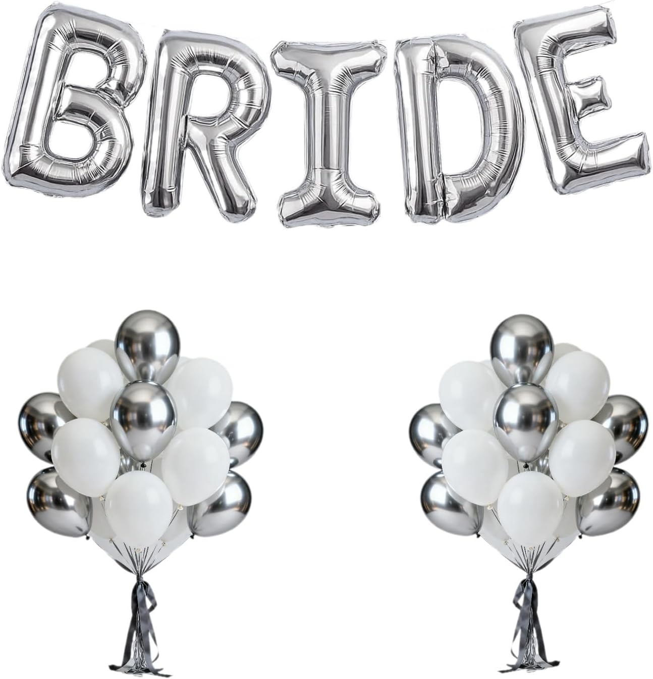 40Inch BRIDE Balloons Silver-Metallic Silver Pearl White Balloons with Large Silver BRIDE Foil Banner Letter Sign for Wedding Bridal Shower Engagement Bachelorette Party Decorations