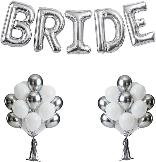 40Inch BRIDE Balloons Silver-Metallic Silver Pearl White Balloons with Large Silver BRIDE Foil Banner Letter Sign for Wedding Bridal Shower Engagement Bachelorette Party Decorations