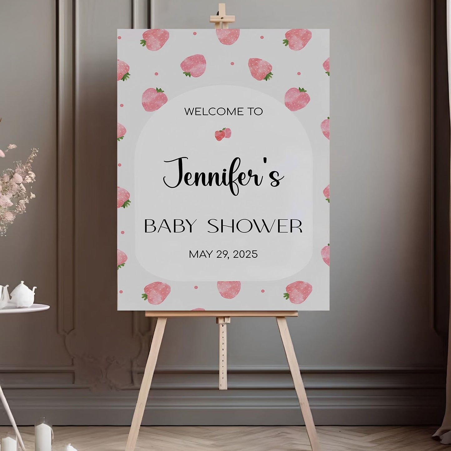 Editable Baby Shower Signs For Girls, Pink Strawberry Welcome Sign For Baby Shower, Baby Shower Welcome Sign, Baby Shower Sign With Stand, Baby Shower Signs For Yard