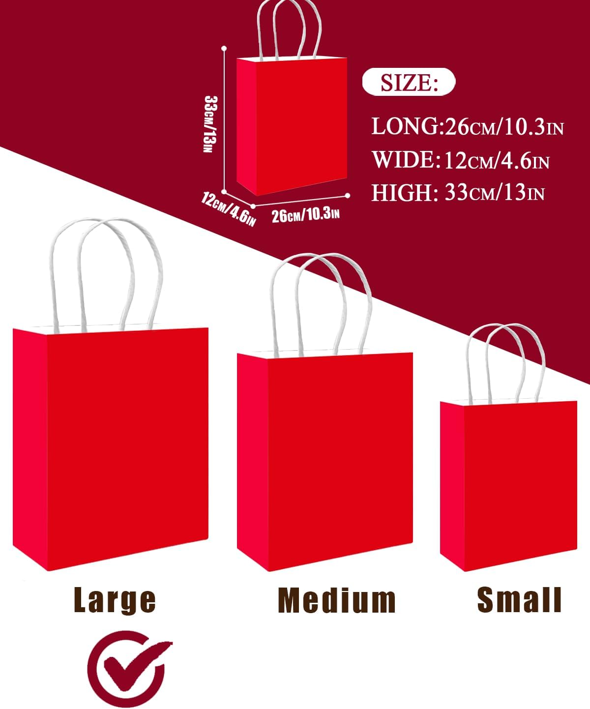 qiqee 50-Packs Red Paper Gift Bags with Handles Bulk 13"x10.3"x4.6" Large Size Party Favor Bags Multiple Uses