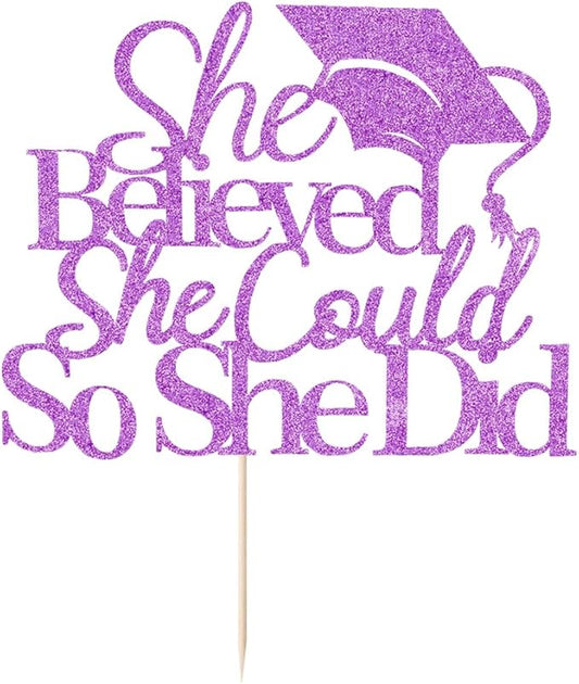 She Believed She Could So She Did Cake Topper,2026 Graduation Cake Topper,Cake Decorations for Girls,2026 High School/College/University Graduation (purple)