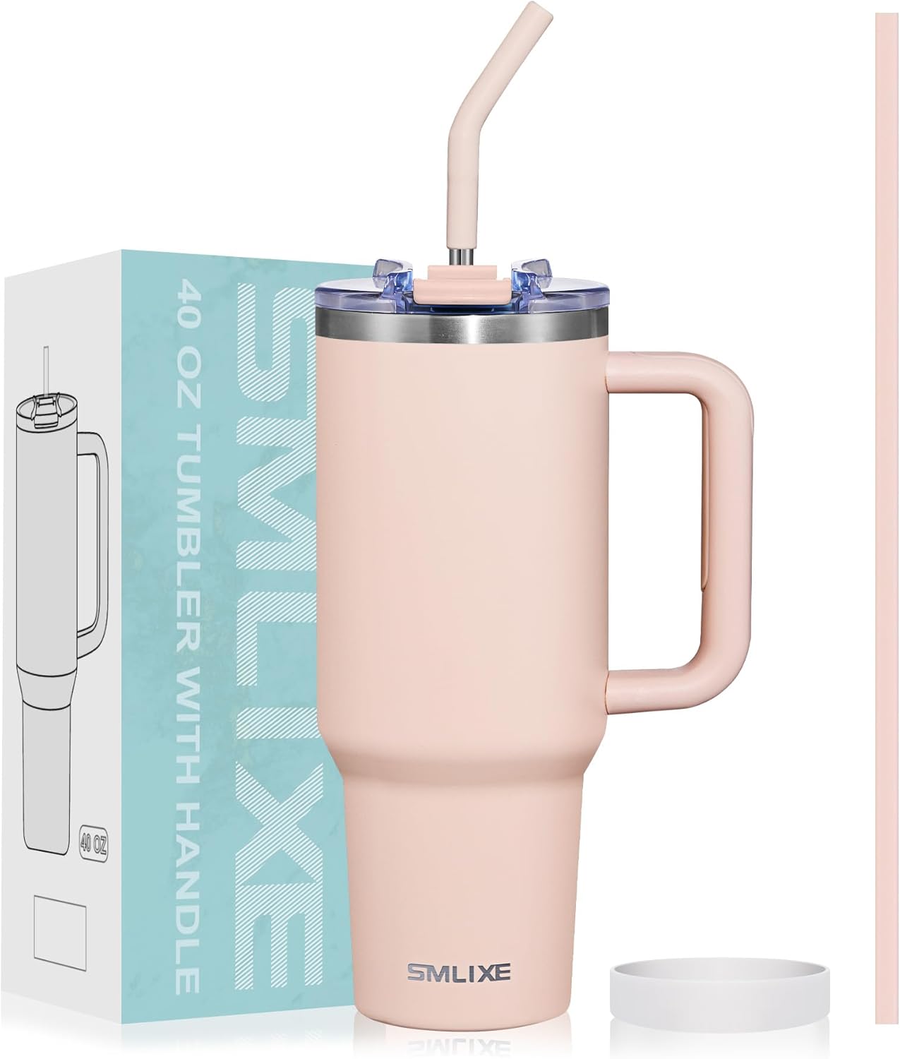 40 oz Tumbler with Handle and Straw Lid,Insulated Reusable Stainless Steel Water Bottle Travel Mug，Cupholder Friendly Double Wall Vacuum Sealed Cup (Rose Quartz)