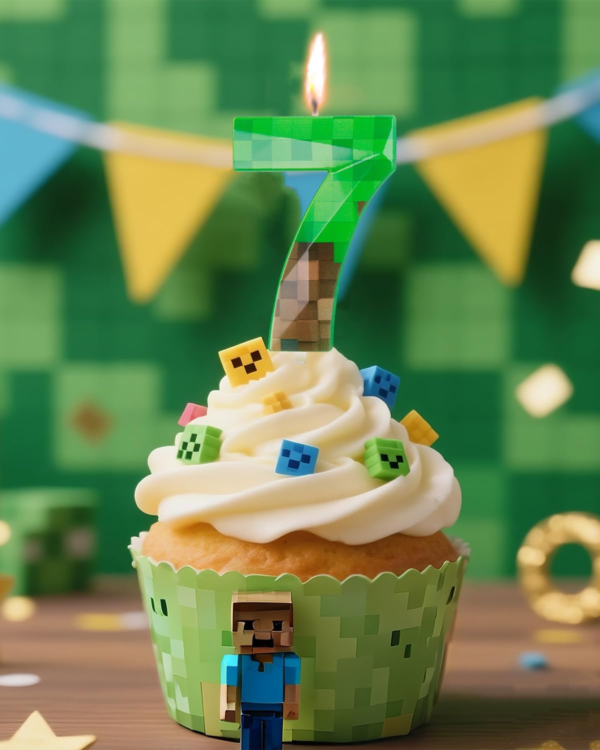 Pixel Birthday Candle, 2.68 Inch Miner Number Candles, Game Themed Candle Birthday Decoration for Pixel Theme Birthday Anniversary Dynamite Video Game Party (Green, 7)