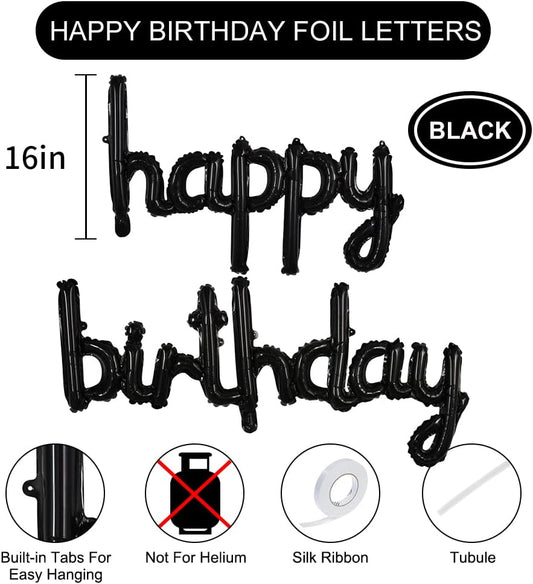 TONIFUL Black Happy Birthday Balloons Banner, 16 Inch Mylar Foil Script/Cursive Letters Birthday Sign Banner Balloon Reusable Material for Girls Boys Kids & Adults Birthday Decorations