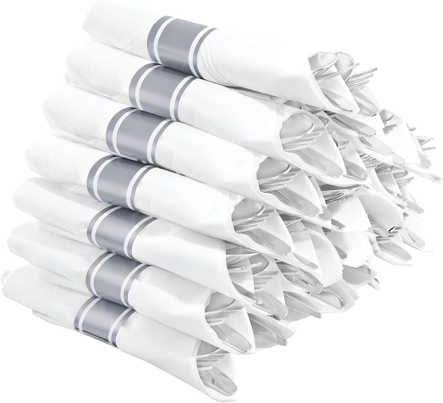 Supernal Pre Rolled Silver Plastic Silverware Set of 30 Wrapped Cutlery,Pre Rolled Napkins with Plastic Silverware Heavy Duty, Silver Disposable Forks and Spoons