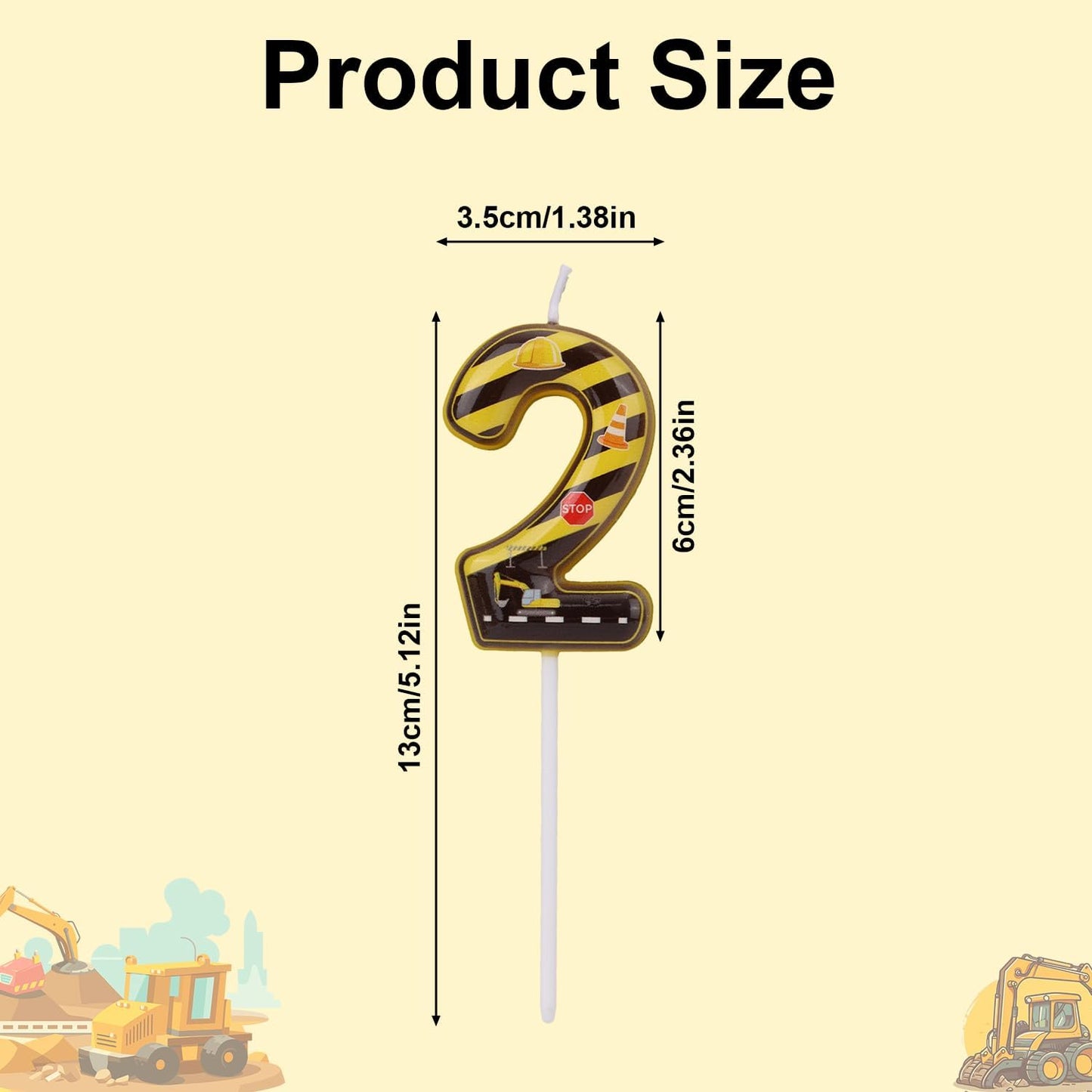 Construction Birthday Number Candles, Yellow & Black Striped Cake Topper Building Theme Party Decorations for Graduation Anniversary Celebration (Number 2)