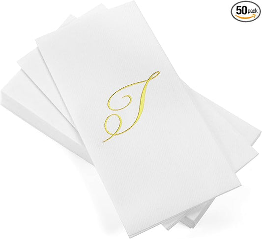 AMERICAN HOMESTEAD Disposable Hand Towels - Gold Foil Monogrammed Guest Napkins - Linen-Like Bathroom Paper Towels for Guests - Perfect Wedding and Party Napkins - 50 Count (Gold T)