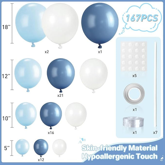 Dusty Blue and White Balloon Garland Arch Kit, 167Pcs Pastel Vintage Smoke Blue Matte White Latex Balloons for Birthday Graduation Baby Shower Gender Reveal Party Decorations
