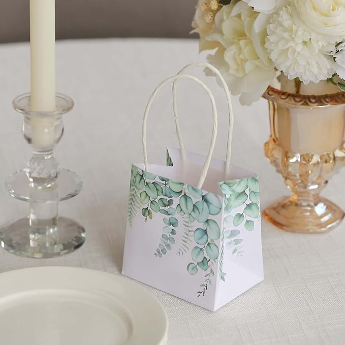 Efavormart 12 Pack 4"x4" Green Eucalyptus Paper Gift Bags with Handles - Small Botanical Favor Goodie Bags for Boho Wedding and Baby Shower
