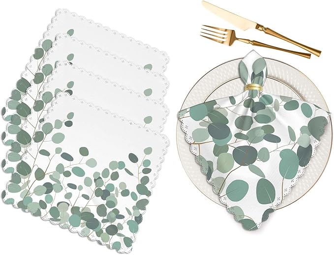 Yibeas Horizontal Eucalyptus Cloth Napkins Set of 4 Soft Floral Ornament with Silver Dollar Eucalyptus Branches Washable and Reusable Dinner Napkins for Weddings Parties 18 x 18 inch