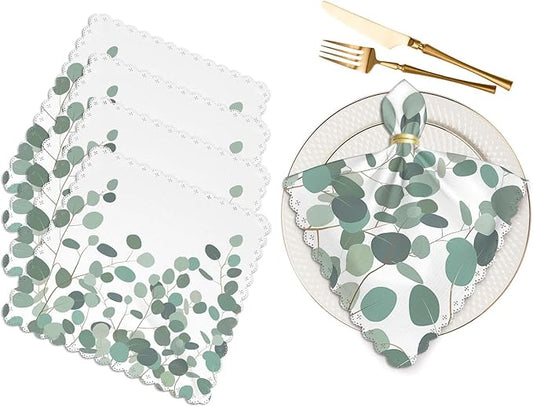Yibeas Horizontal Eucalyptus Cloth Napkins Set of 4 Soft Floral Ornament with Silver Dollar Eucalyptus Branches Washable and Reusable Dinner Napkins for Weddings Parties 18 x 18 inch
