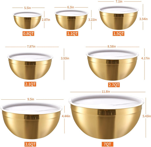 Gold Mixing Bowls with Airtight Lids, Stainless Steel Nesting Mixing Bowls Set of 7, Ideal for Baking, Prepping and Serving Food, Size 7, 3.6, 2.7, 2.1, 1.5, 1.1,0.8 QT, Stackable Design