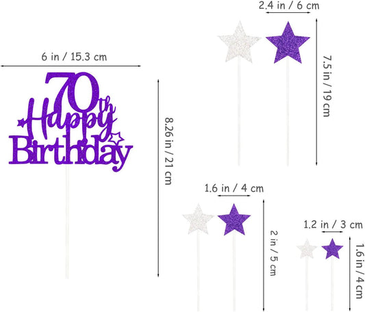 Glittery 70th Happy Birthday Cake Topper with Star,Personalised 70 Birthday Cake Toppers Party Decorations Party Supplies for Men Women Purple Silver