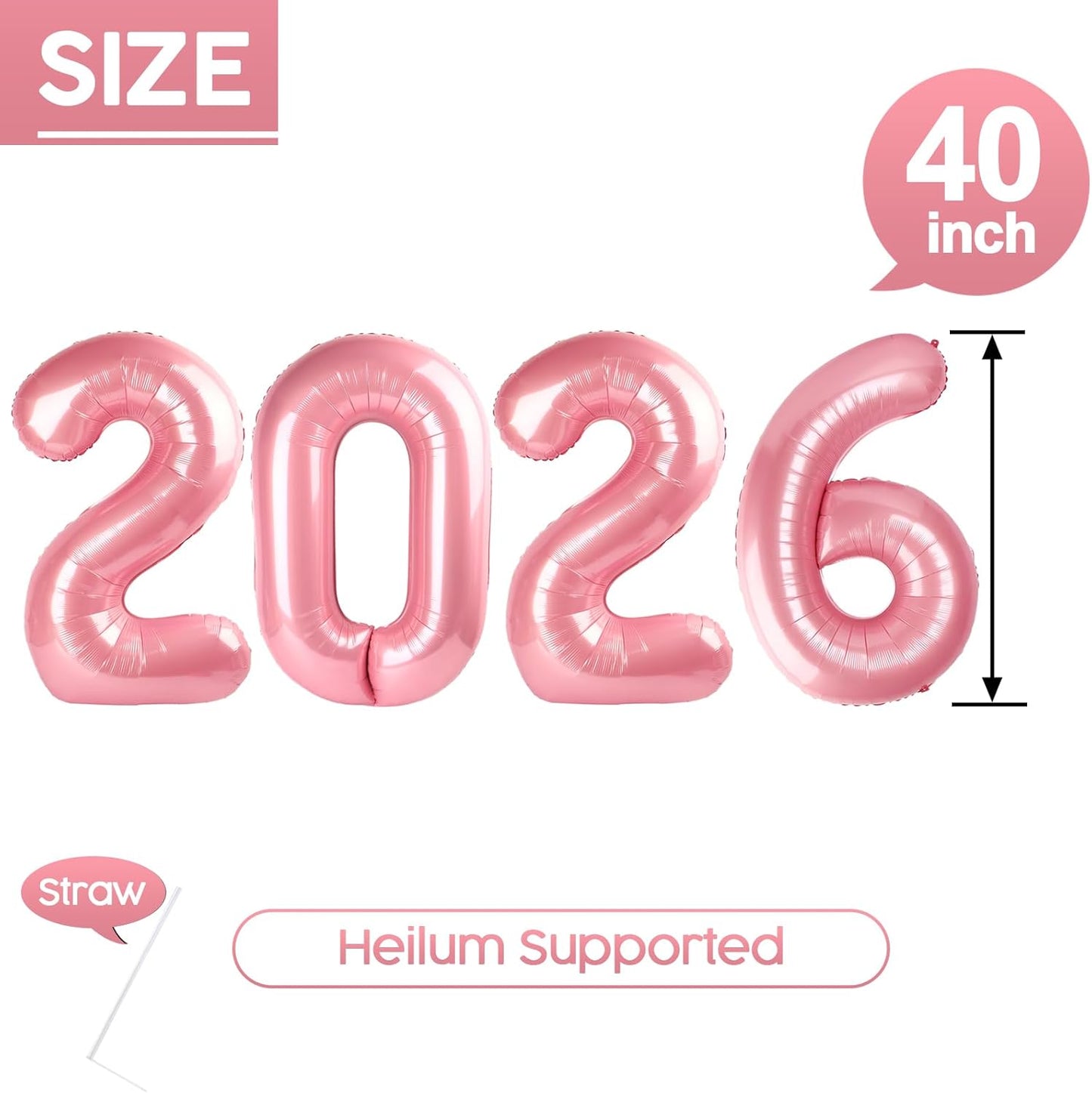 2026 Balloon - Pearlescent Pink Birthday Number Balloons, 40 Inch Large Foil Balloons for Men Women Boys Girls Pearlescent Pink Themed Birthday Decorations，Number 2026 Balloon
