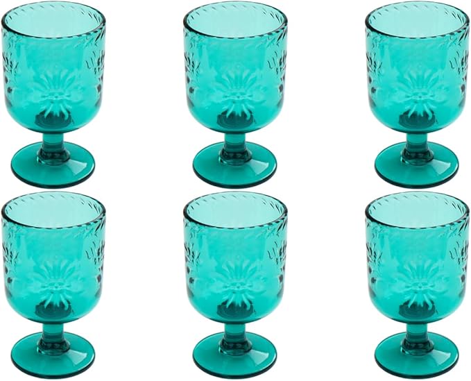 Talavera Premium Acrylic Drinkware Indoor/Outdoor, Goblet, Teal, 13oz, Set of 6