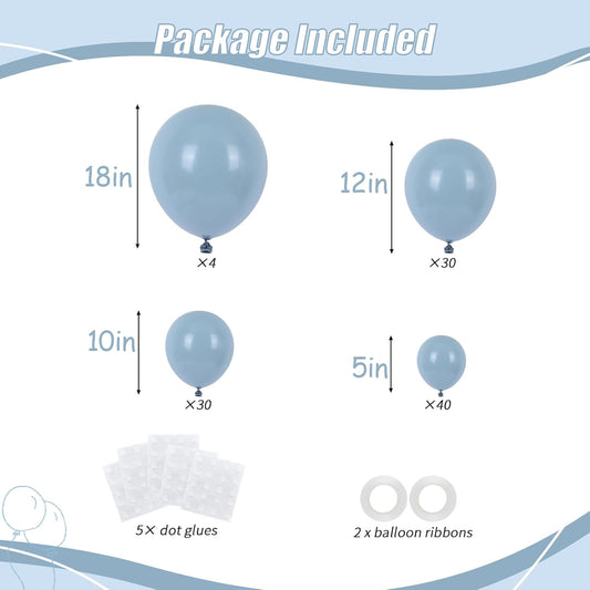 104pcs Dusty Blue Balloons - 18/12/10/5 Inch Matte Haze Blue Latex Balloons Garland Arch Different Sizes Pack for Baby shower, Wedding, Bridal Shower Party Decor