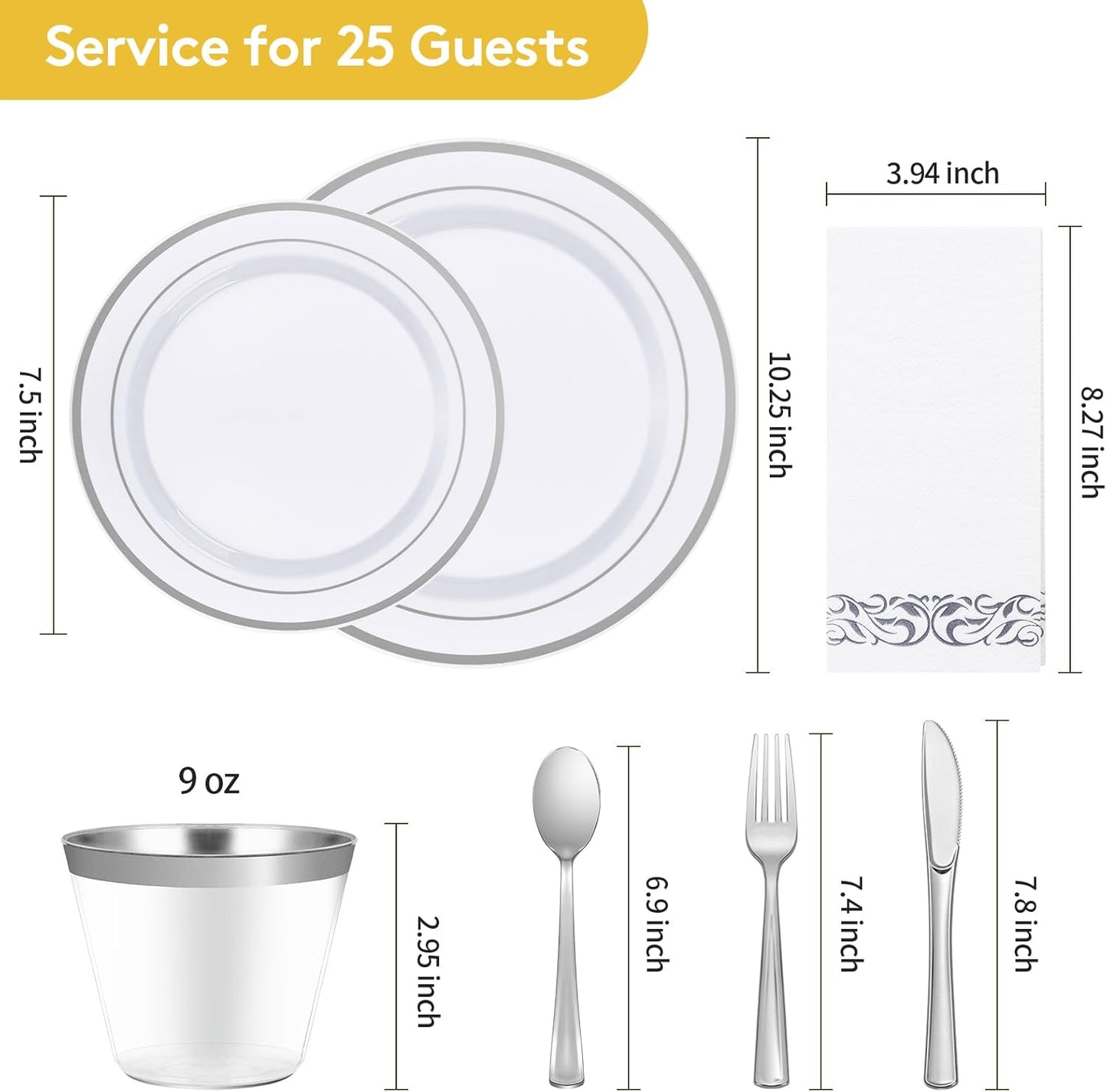 Goodluck 175 Piece Silver Dinnerware Set for 25 Guests, Plastic Disposable Plates for Party, Includes Dinner and Dessert Plates, Paper Napkins, Cups, Silverware Set