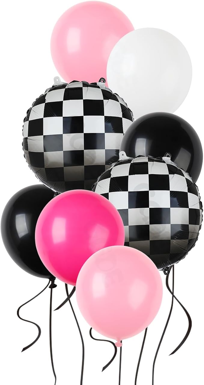 Race Car Balloon Bundle Pink Black Checkered Balloons Latex Balloon Girls One Happy 1st 2nd Fast One Theme Two Fast Race Car Birthday Party Decor Supplies 20 Pcs Kit