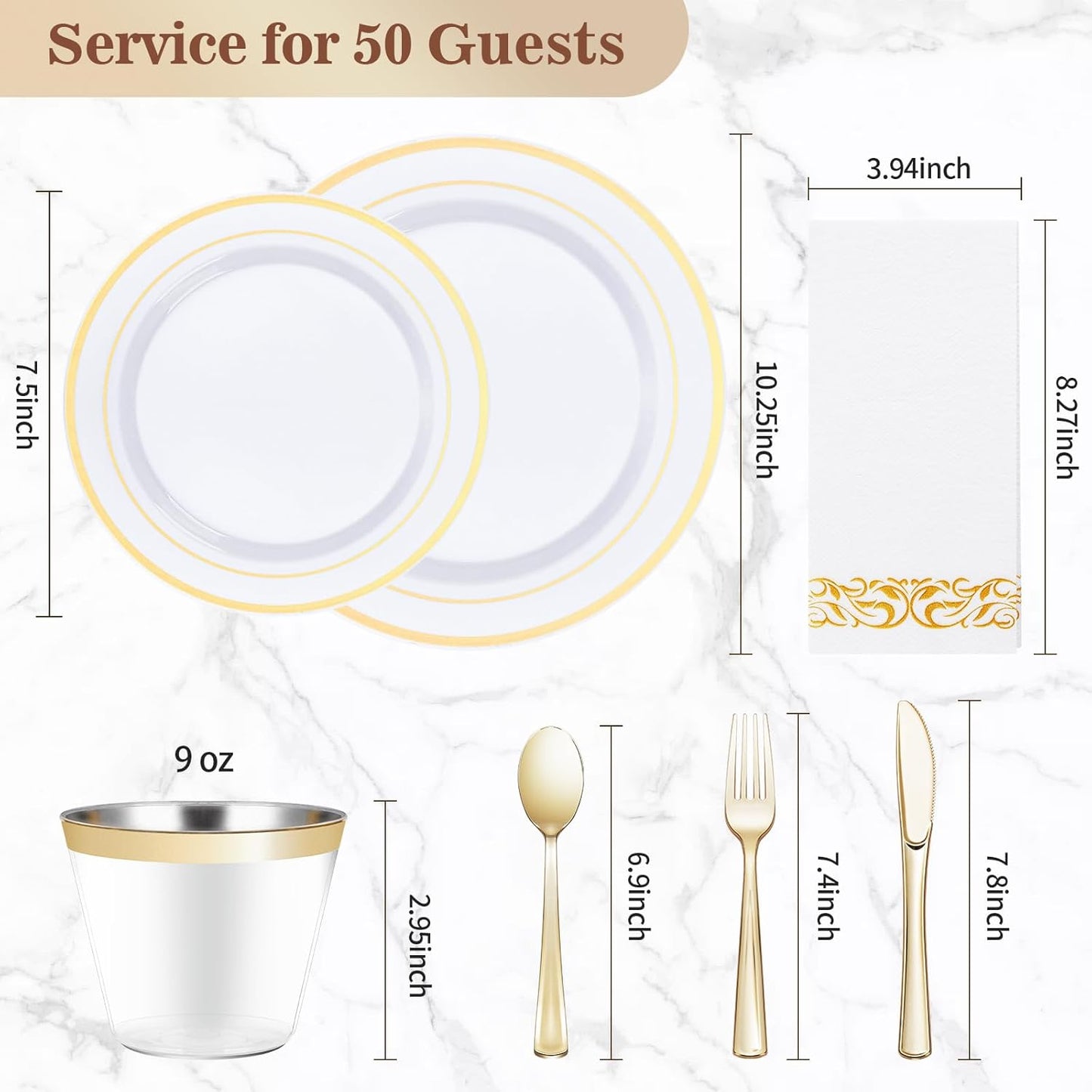 BESTVIP 350 PCS Gold Dinnerware Set for 50 Guests, Plastic Dinnerware Set for Party, Wedding, Christmas, Halloween, Include: 100 Plastic Plates, 50 Gold Silverware, 50 Cups, 50 Paper Napkins