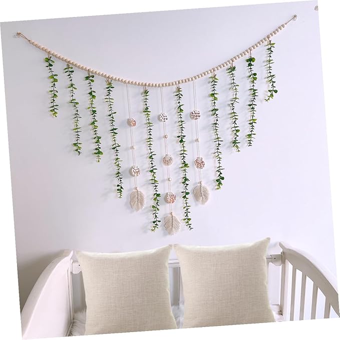 Generic Artificial Eucalyptus Wooden Bead Garland Hanging Vine Wall Decor with Pastoral Style Leaves and Sturdy Beads for Wedding Bedroom Home Decoration